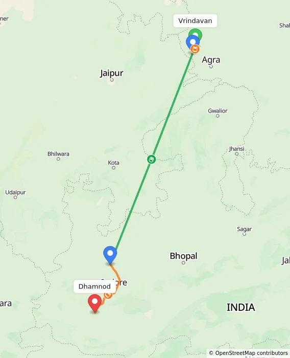 Route map showing distance and travel time from Vrindavan, India to Dhamnod, India