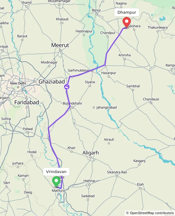 Route map showing distance and travel time from Vrindavan, India to Dhampur, India