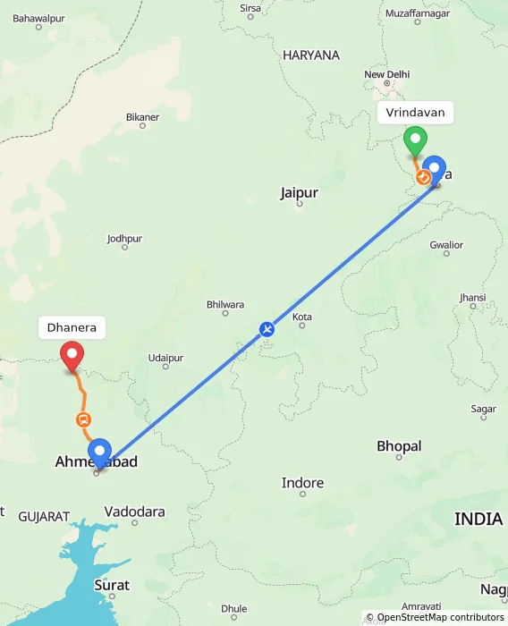 Route map showing distance and travel time from Vrindavan, India to Dhanera, India
