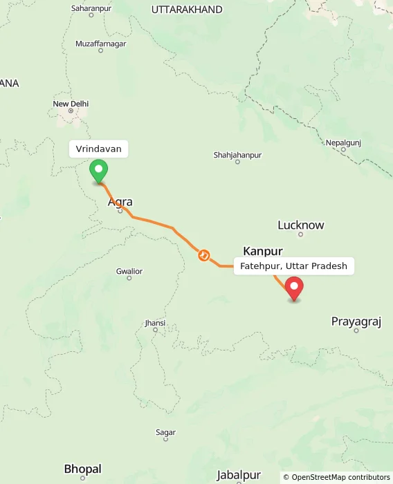 Route map showing distance and travel time from Vrindavan, India to Fatehpur, Uttar Pradesh, India