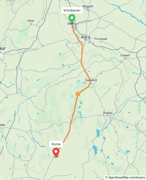 Route map showing distance and travel time from Vrindavan, India to Guna, India