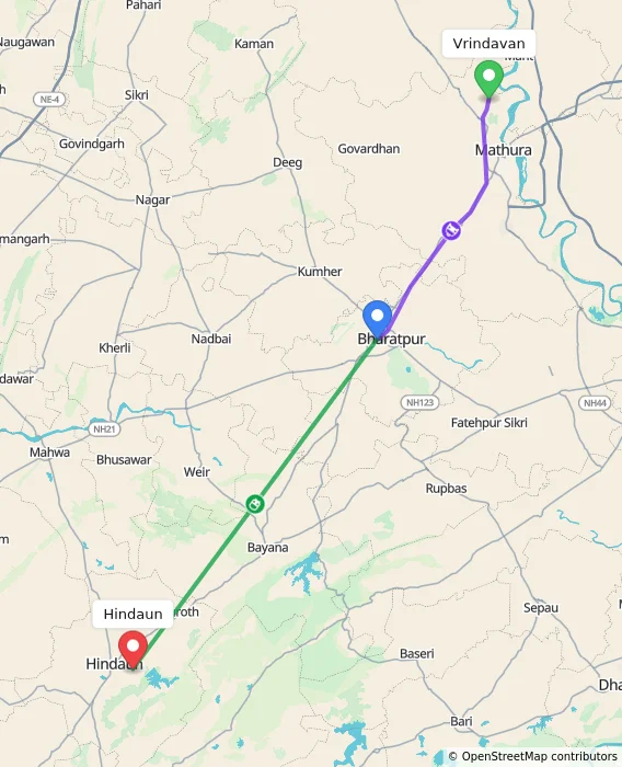 Route map showing distance and travel time from Vrindavan, India to Hindaun, India