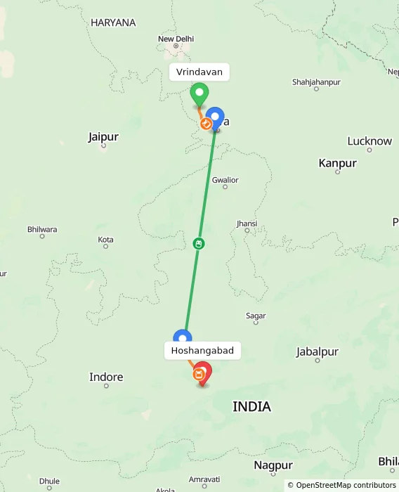 Route map showing distance and travel time from Vrindavan, India to Hoshangabad, India