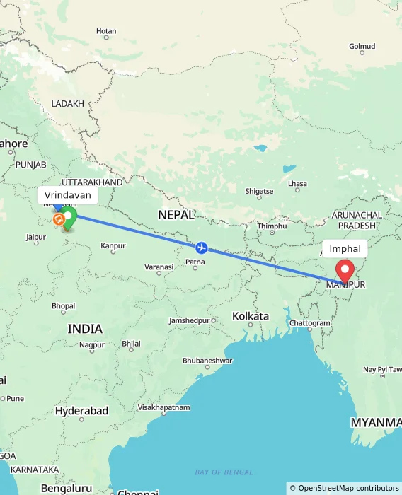 Route map showing distance and travel time from Vrindavan, India to Imphal, India