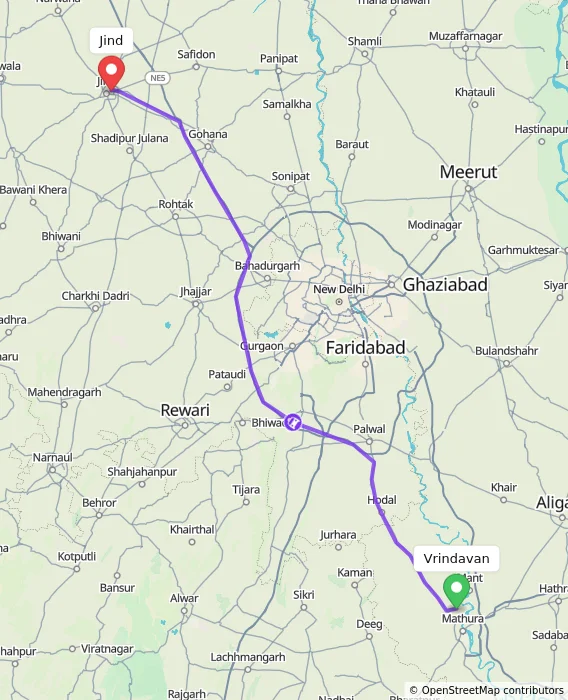 Route map showing distance and travel time from Vrindavan, India to Jind, India