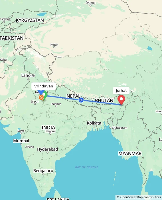 Route map showing distance and travel time from Vrindavan, India to Jorhat, India