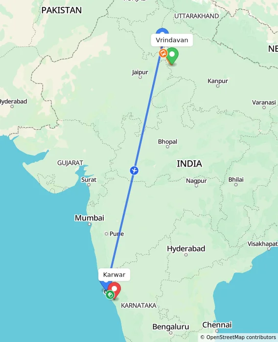 Route map showing distance and travel time from Vrindavan, India to Karwar, India