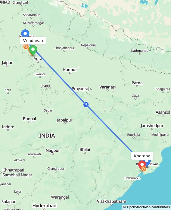 Route map showing distance and travel time from Vrindavan, India to Khordha, India