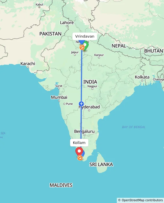 Route map showing distance and travel time from Vrindavan, India to Kollam, India