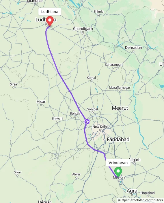 Route map showing distance and travel time from Vrindavan, India to Ludhiana, India