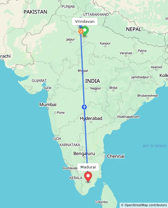 Route map showing distance and travel time from Vrindavan, India to Madurai, India