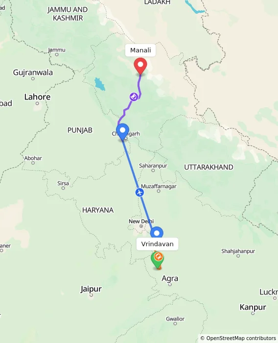 Route map showing distance and travel time from Vrindavan, India to Manali, India