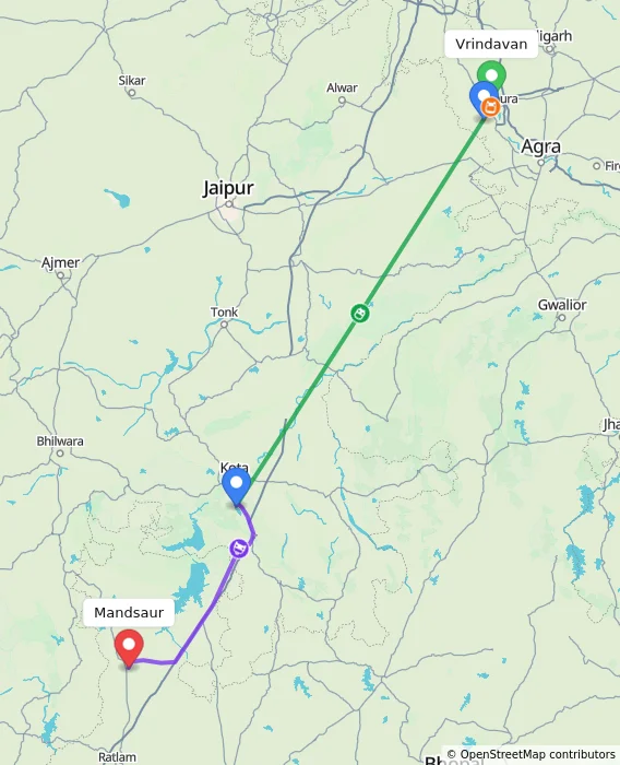 Route map showing distance and travel time from Vrindavan, India to Mandsaur, India