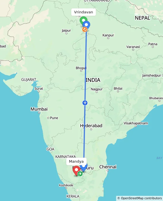 Route map showing distance and travel time from Vrindavan, India to Mandya, India