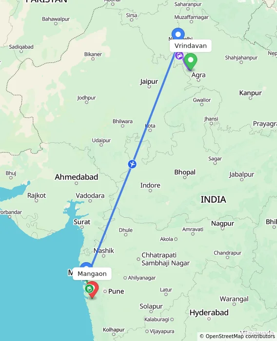 Route map showing distance and travel time from Vrindavan, India to Mangaon, India