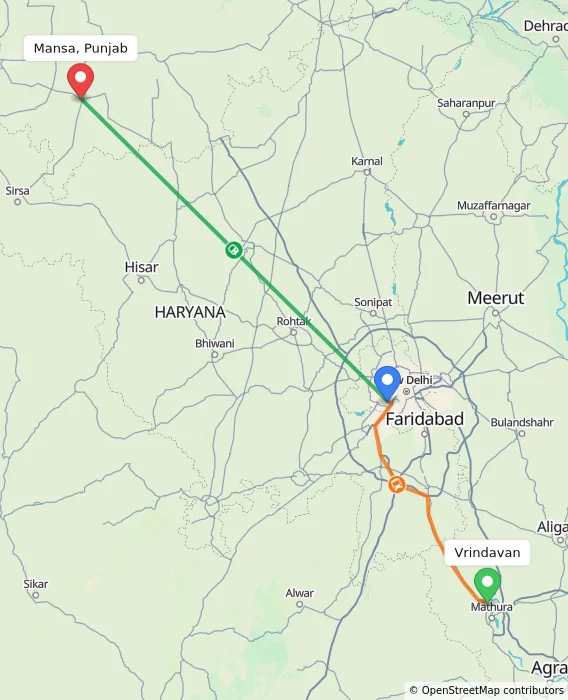 Route map showing distance and travel time from Vrindavan, India to Mansa, Punjab, India