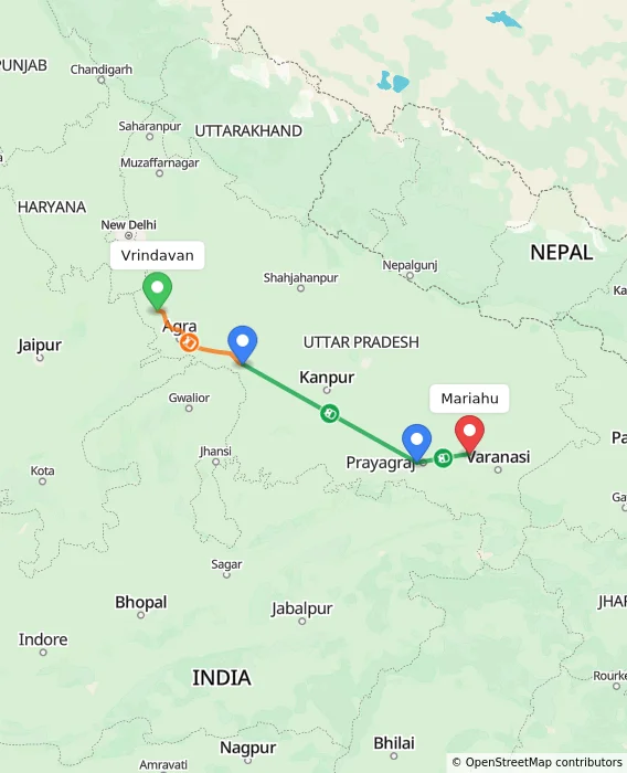 Route map showing distance and travel time from Vrindavan, India to Mariahu, India