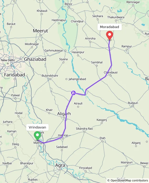 Route map showing distance and travel time from Vrindavan, India to Moradabad, India