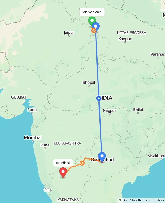 Route map showing distance and travel time from Vrindavan, India to Mudhol, India