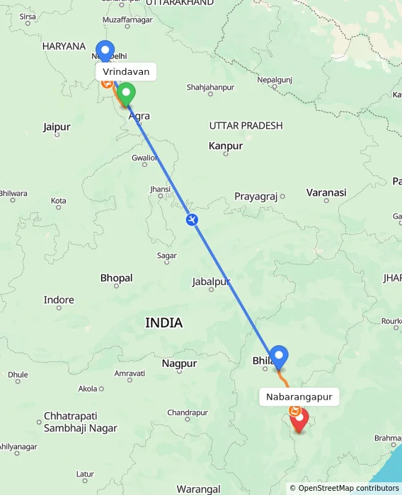 Route map showing distance and travel time from Vrindavan, India to Nabarangapur, India