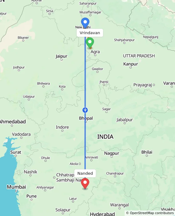 Route map showing distance and travel time from Vrindavan, India to Nanded, India