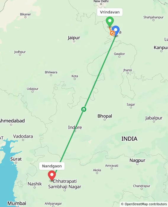 Route map showing distance and travel time from Vrindavan, India to Nandgaon, India