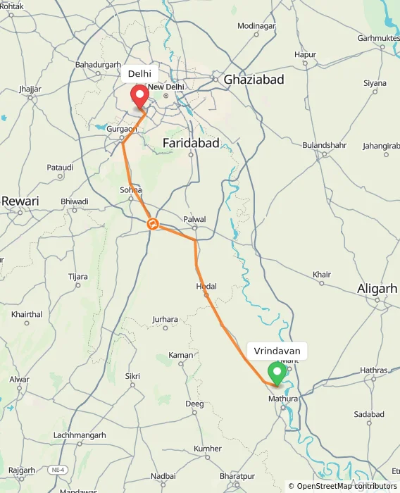 Route map showing distance and travel time from Vrindavan, India to Delhi, India