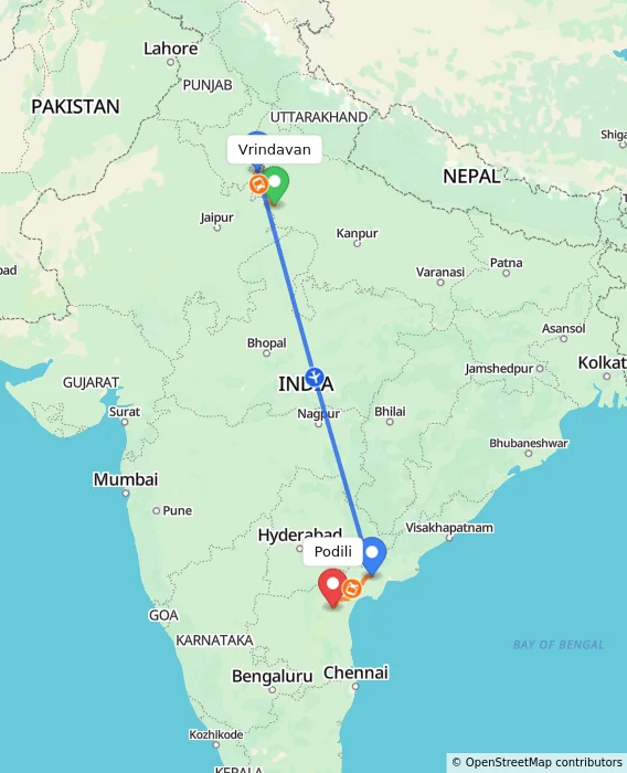 Route map showing distance and travel time from Vrindavan, India to Podili, India