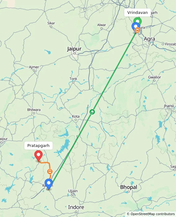 Route map showing distance and travel time from Vrindavan, India to Pratapgarh, India