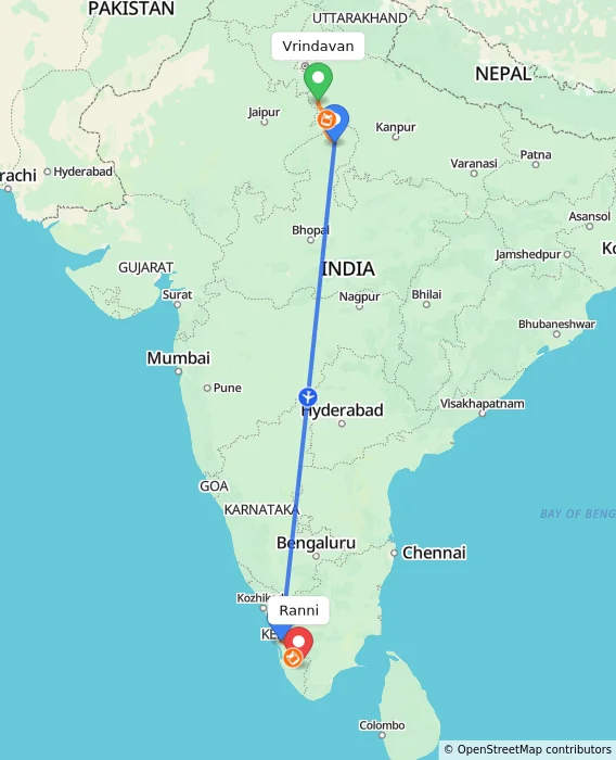 Route map showing distance and travel time from Vrindavan, India to Ranni, India