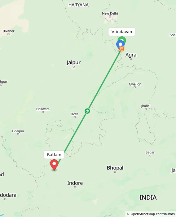 Route map showing distance and travel time from Vrindavan, India to Ratlam, India