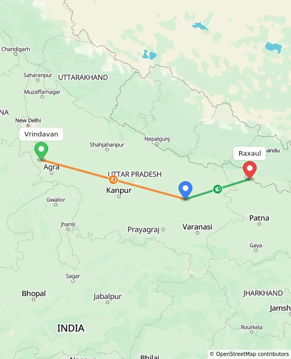 Route map showing distance and travel time from Vrindavan, India to Raxaul, India