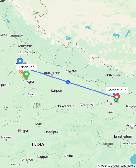 Route map showing distance and travel time from Vrindavan, India to Samastipur, India