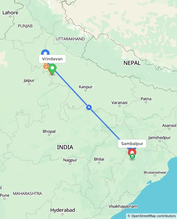 Route map showing distance and travel time from Vrindavan, India to Sambalpur, India