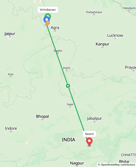 Route map showing distance and travel time from Vrindavan, India to Seoni, India