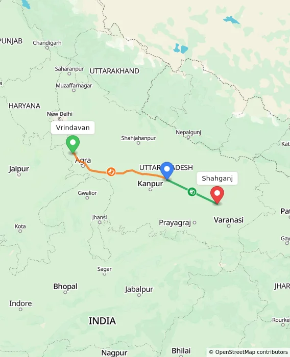Route map showing distance and travel time from Vrindavan, India to Shahganj, India