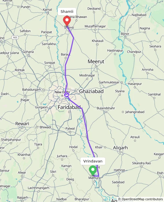 Route map showing distance and travel time from Vrindavan, India to Shamli, India