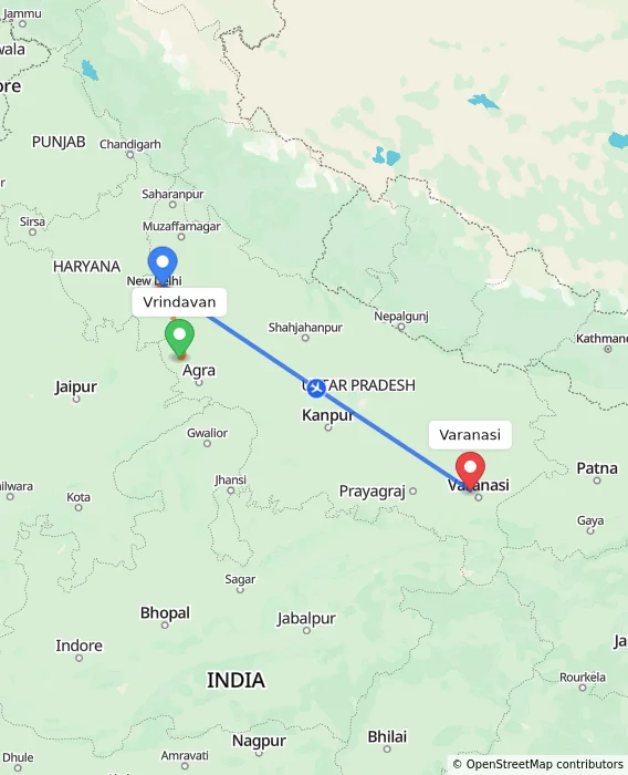 Route map showing distance and travel time from Vrindavan, India to Varanasi, India