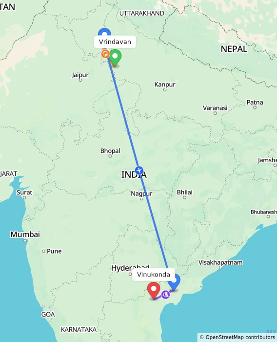 Route map showing distance and travel time from Vrindavan, India to Vinukonda, India