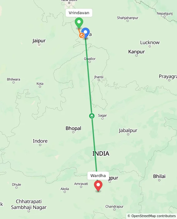 Route map showing distance and travel time from Vrindavan, India to Wardha, India
