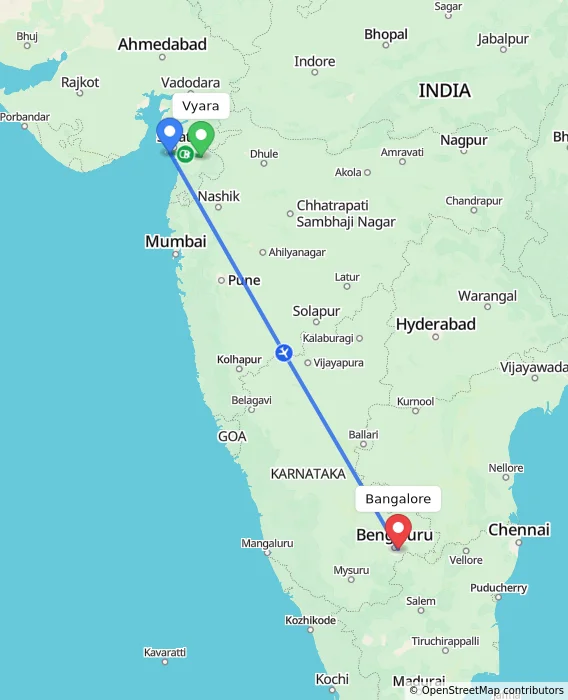 Route map showing distance and travel time from Vyara, India to Bangalore, India