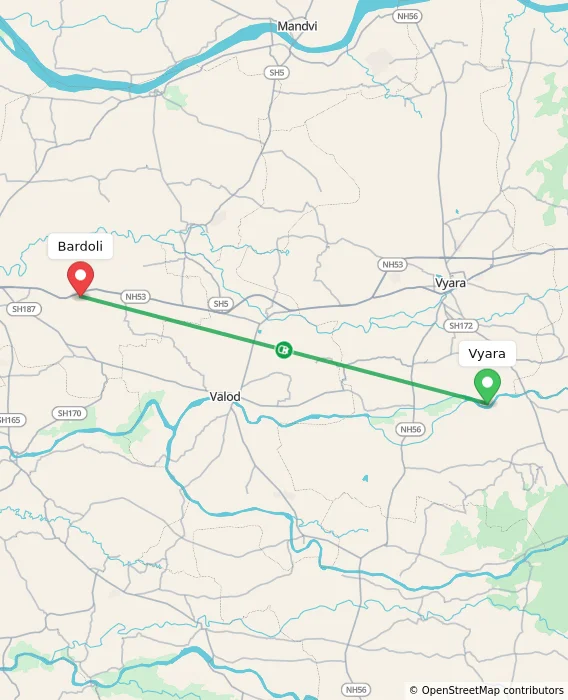 Route map showing distance and travel time from Vyara, India to Bardoli, India