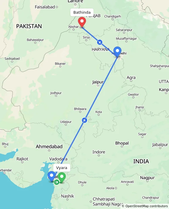 Route map showing distance and travel time from Vyara, India to Bathinda, India