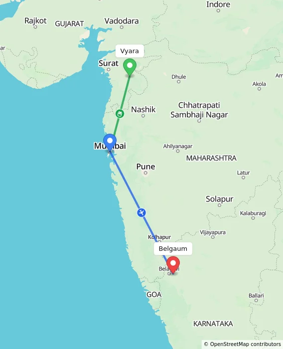 Route map showing distance and travel time from Vyara, India to Belgaum, India