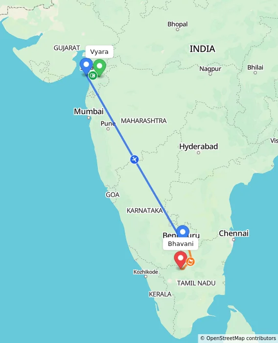 Route map showing distance and travel time from Vyara, India to Bhavani, India
