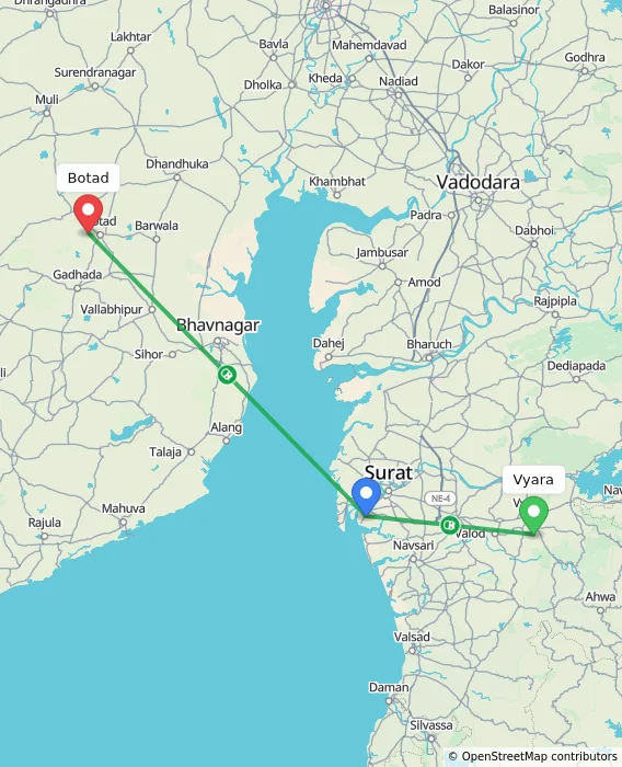 Route map showing distance and travel time from Vyara, India to Botad, India