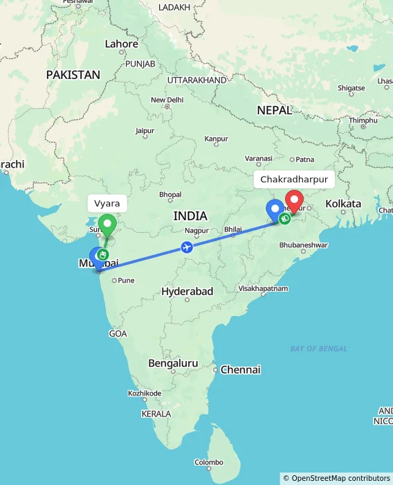 Route map showing distance and travel time from Vyara, India to Chakradharpur, India