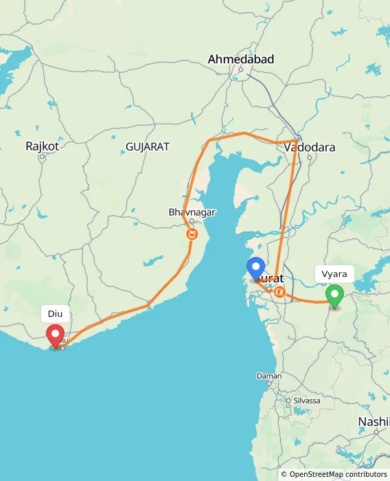 Route map showing distance and travel time from Vyara, India to Diu, India