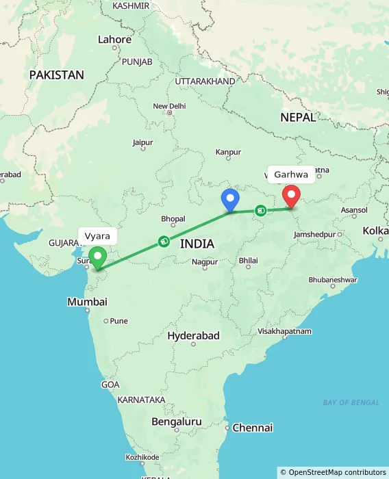 Route map showing distance and travel time from Vyara, India to Garhwa, India