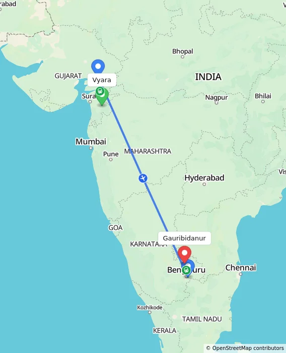 Route map showing distance and travel time from Vyara, India to Gauribidanur, India